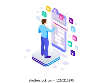 Isometric programmer working in a software develop company office. Developing programming and coding technologies concept. UX UI User Interface and User eXperience Process.