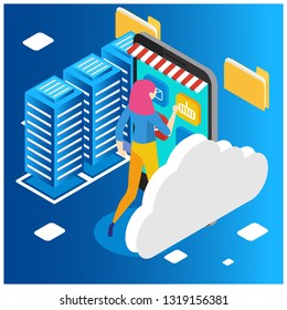 Isometric programmer working in a software develop company office. Developing programming and coding technologies concept. UX UI User Interface and User eXperience Process. - Vector