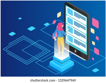 Isometric programmer working in a software develop company office. Developing programming and coding technologies concept. UX UI User Interface and User eXperience Process. - Vector