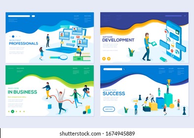 Isometric programmer working in a software develop company office. Winner business and achievement concept. Businessman and his business team crossing finish. Job interview, recruitment agency