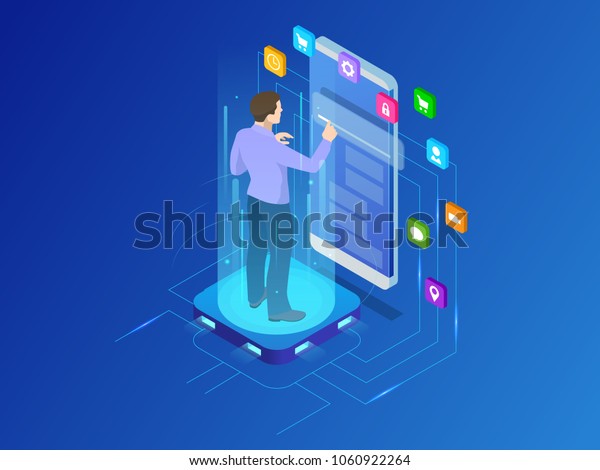 Isometric programmer working\
in a software develop company office. Developing programming and\
coding technologies concept. UX UI User Interface and User\
eXperience Process.