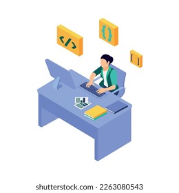 Isometric programmers composition with human character of coding person with computer and pictograms vector illustration