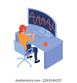Isometric programmers composition with human character of coding person with computer and pictograms vector illustration