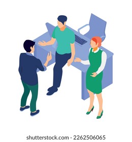 Isometric programmers composition with human characters of coding people with computers and pictograms vector illustration