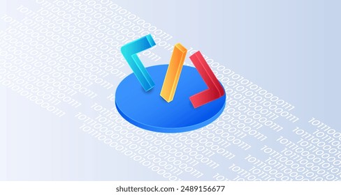 Isometric programming code symbols. Computer programming or software development