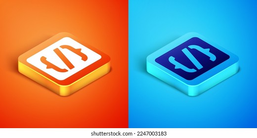 Isometric Programming language syntax icon isolated on orange and blue background. Syntax programming file system.  Vector