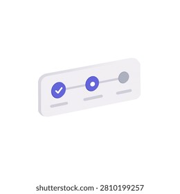 Isometric progress bar timeline icon with step check marks. Step by step process roadmap, project workflow loading stages, milestone tracking development phase vector illustration.