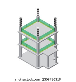 Progreso isométrico de la construcción de edificios de altura. Borde del suelo con valla de seguridad y barandilla.
