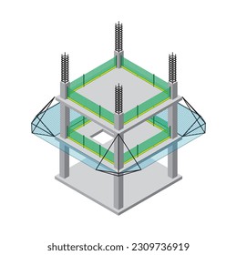 Progreso isométrico de la construcción de edificios de altura. Borde del suelo con valla de seguridad, barandilla y cubierta para la prevención de caídas.