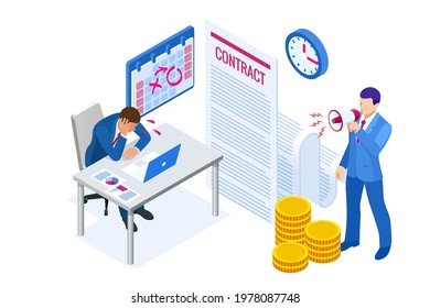 Isometric Project deadline. Time management on the road to success. Deadline Concept of overworked man Time to work Time management project plan schedule.