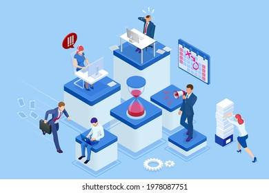 Isometric Project deadline. Time management on the road to success. Deadline Concept of overworked man Time to work Time management project plan schedule.