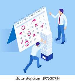 Isometric Project deadline. Time management on the road to success. Deadline Concept of overworked man Time to work Time management project plan schedule.