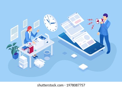 Isometric Project deadline. Time management on the road to success. Deadline Concept of overworked man Time to work Time management project plan schedule.