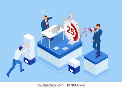 Isometric Project deadline. Time management on the road to success. Deadline Concept of overworked man Time to work Time management project plan schedule.