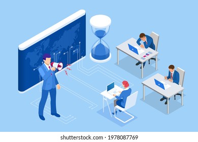 Isometric Project deadline. Time management on the road to success. Deadline Concept of overworked man Time to work Time management project plan schedule.