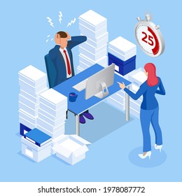 Isometric Project deadline. Time management on the road to success. Deadline Concept of overworked man Time to work Time management project plan schedule.