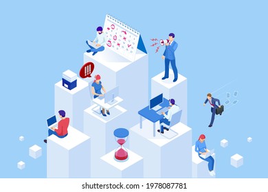 Isometric Project deadline. Time management on the road to success. Deadline Concept of overworked man Time to work Time management project plan schedule.