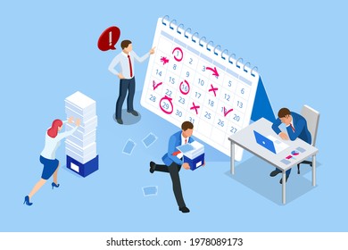 Isometric Project deadline. Time management on the road to success. Deadline Concept of overworked man Time to work Time management project plan schedule.