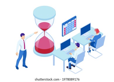Isometric Project deadline. Time management on the road to success. Deadline Concept of overworked man Time to work Time management project plan schedule.