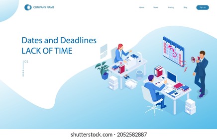 Isometric Project deadline. Time management on the road to success. Deadline Concept of overworked man Time to work Time management project plan schedule.