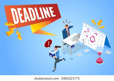 Isometric Project Deadline. Time Management on the Road to Success. An Office Worker Overwhelmed by Work, Reports, and Calls