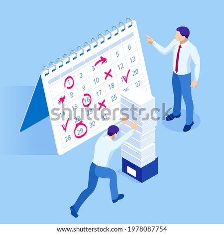 Isometric Project deadline. Time management on the road to success. Deadline Concept of overworked man Time to work Time management project plan schedule.