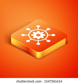 Isometric Project management icon isolated on orange background. Hub and spokes and gear solid icon.  Vector Illustration