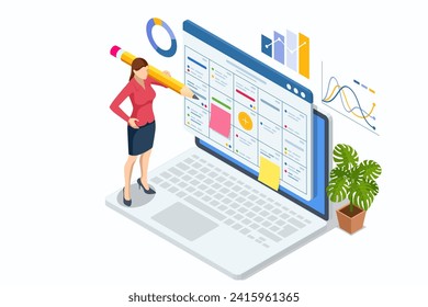 Isometric Project manager actualiza las tareas y los hitos de la planificación del progreso. Calendario Digital. Programar las tareas y el progreso del plan. Tareas del plan de negocio correctas.