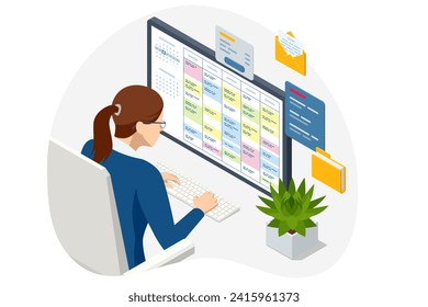 Isometric Project manager actualiza las tareas y los hitos de la planificación del progreso. Calendario Digital. Programar las tareas y el progreso del plan. Tareas del plan de negocio correctas.