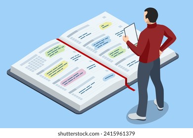 Isometric Project manager actualiza las tareas y los hitos de la planificación del progreso. Calendario Digital. Programar las tareas y el progreso del plan. Tareas del plan de negocio correctas.