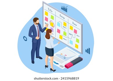 Isometric Project manager actualiza las tareas y los hitos de la planificación del progreso. Calendario Digital. Programar las tareas y el progreso del plan. Estrategia de construcción y operaciones