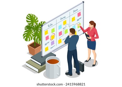 Isometric Project manager actualiza las tareas y los hitos de la planificación del progreso. Calendario Digital. Programar las tareas y el progreso del plan. Estrategia de construcción y operaciones