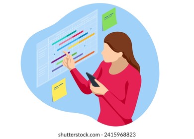 Isometric Project manager actualiza las tareas y los hitos de la planificación del progreso. Calendario Digital. Programar las tareas y el progreso del plan. Estrategia de construcción y operaciones