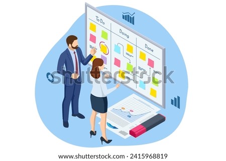 Isometric Project manager updating tasks and milestones progress planning. Digital Calendar Schedule. Schedule for plan tasks and progress. Strategy for construction and operations