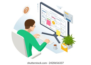 Isometric Project Manager uses a Laptop to Update Tasks and Milestones, Planning Progress through a chart scheduling interface displayed. Business Project Management System, Digital Calendar Schedule.