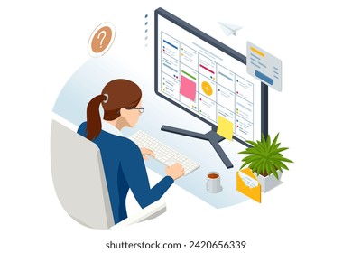 Isometric Project Manager utiliza un portátil para actualizar tareas y hitos, progreso de planificación a través de una interfaz de programación de gráficos mostrada. Business Project Management System, Calendario Digital.