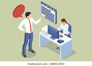 Isometric Project manager working, Organizer app with appointments, messages Task manager and project schedule