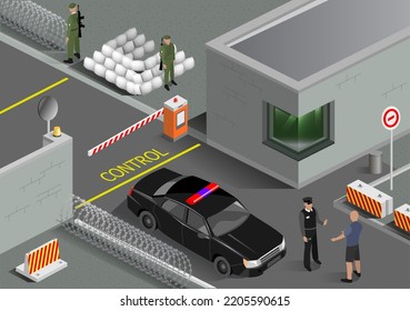 Isometric Project Of The Post Of The Military Guard Of The Zone. Entrance Gate To The Secret Base.