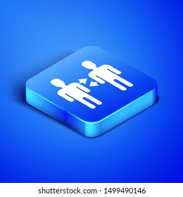 Isometric Project team base icon isolated on blue background. Business analysis and planning, consulting, team work, project management. Blue square button. Vector Illustration