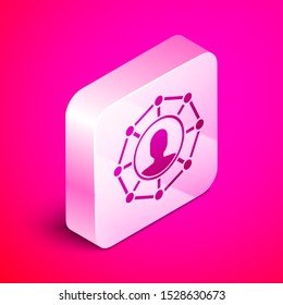 Isometric Project team base icon isolated on pink background. Business analysis and planning, team work, project management. Developers. Silver square button. Vector Illustration