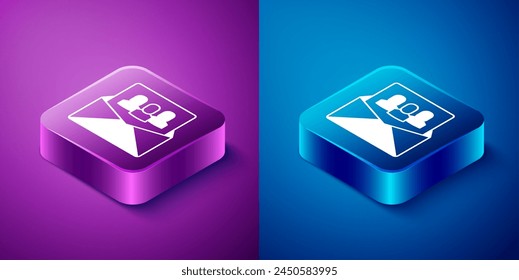 Isometric Project team base icon isolated on blue and purple background. Business analysis and planning, consulting, team work, project management. Developers. Square button. Vector