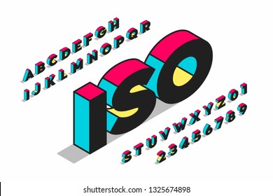 Isometric projection 3d font design, alphabet letters and numbers vector illustration