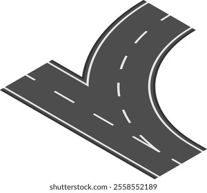 Isometric projection depicting a right turning road intersecting another road, featuring dashed and solid white lines on a dark gray surface, illustrating transportation concepts