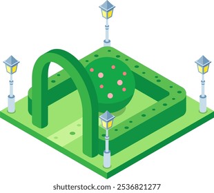 Isometrische Projektion eines grünen Stadtparks mit einem Bogen, Hecken, Straßenlampen und einer zentralen runden Topiare