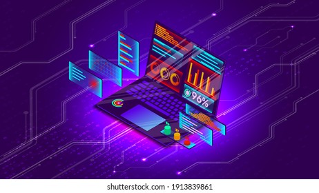 Isometric projection of a laptop with business graphs. The concept of data analysis on electronic portable devices. Programming. Software coding. The interface of the future. Vector illustration.