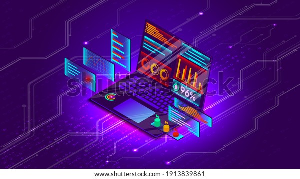 Isometric projection of a laptop with\
business graphs. The concept of data analysis on electronic\
portable devices. Programming. Software coding. The interface of\
the future. Vector\
illustration.