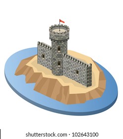 Isometric projection of a medieval castle on an island