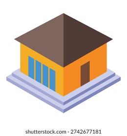 Isometric projection of a modern yellow building with a brown roof, suitable for architectural visualizations