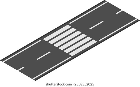 Isometric projection of pedestrian crossing, featuring white stripes on dark asphalt road surface, providing safe passage for people across traffic