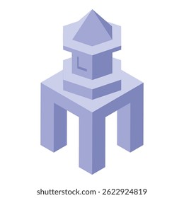 Proyección isométrica de un faro de color púrpura con cuatro pilares y base hexagonal, ideal para proyectos arquitectónicos o de navegación